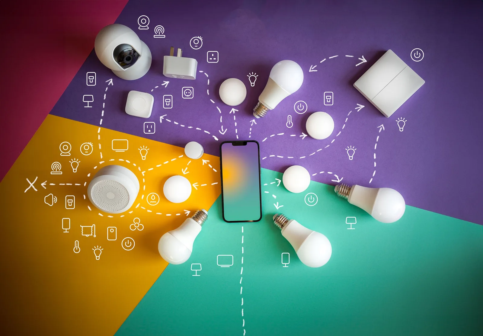 Illustrative connected device ecosystem with a phone, lights, sensors and camera